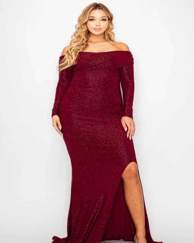 Front of a model wearing a size 3xl Plus Long Sleeve Off Shoulder Night Party Maxi Dress in Burgundy by Très Chic. | dia_product_style_image_id:321826